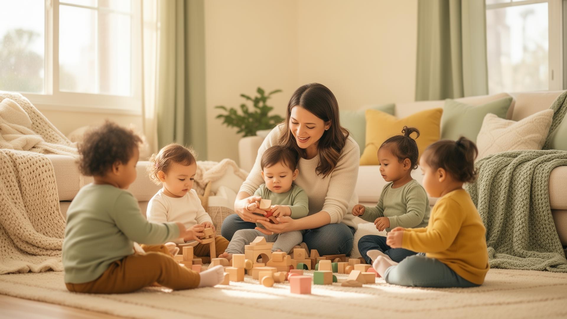 Caregiver smiling with toddlers in a warm family day care living room